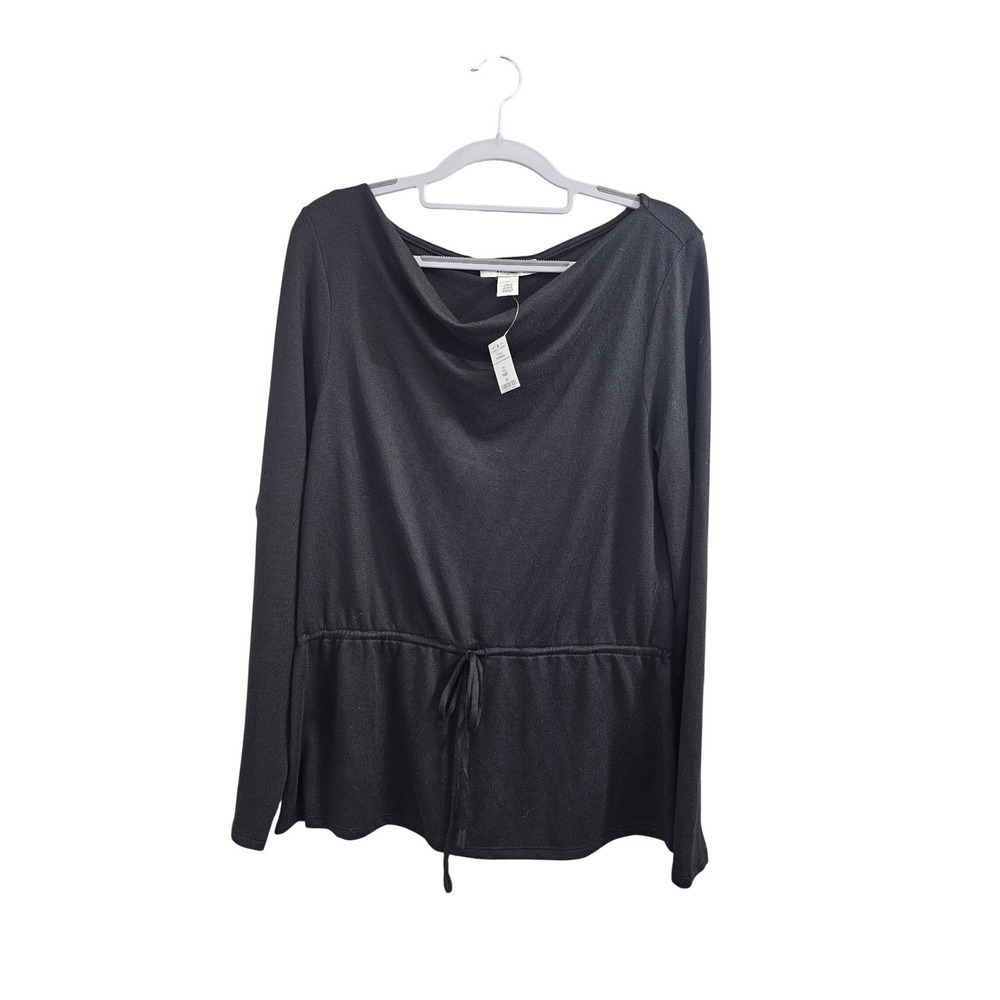 White House Black Market LS Cozy Tie Front Sweatshirt Sweater Black Top M NEW